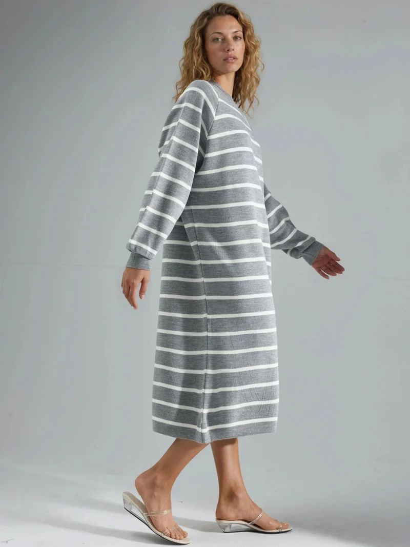 MY FASHION Grey MY FASHION Long Sleeve Striped Ribbed Knit Dress for Women | Best Price UAE